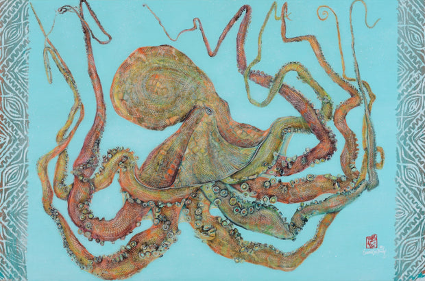 Traditional Gyotaku Teal Tako